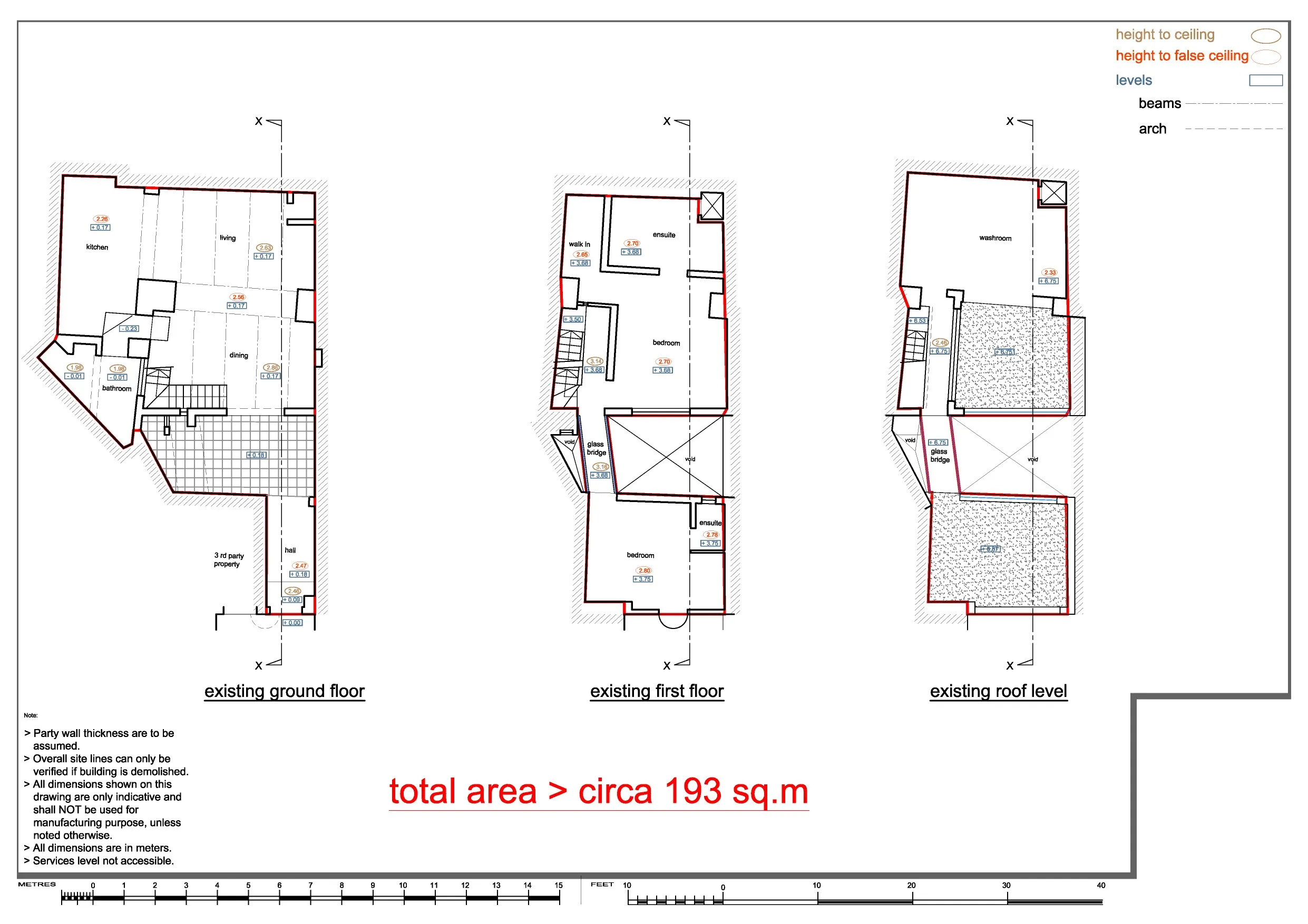 Architect's floor plan showing the ground floor, first floor and roof level